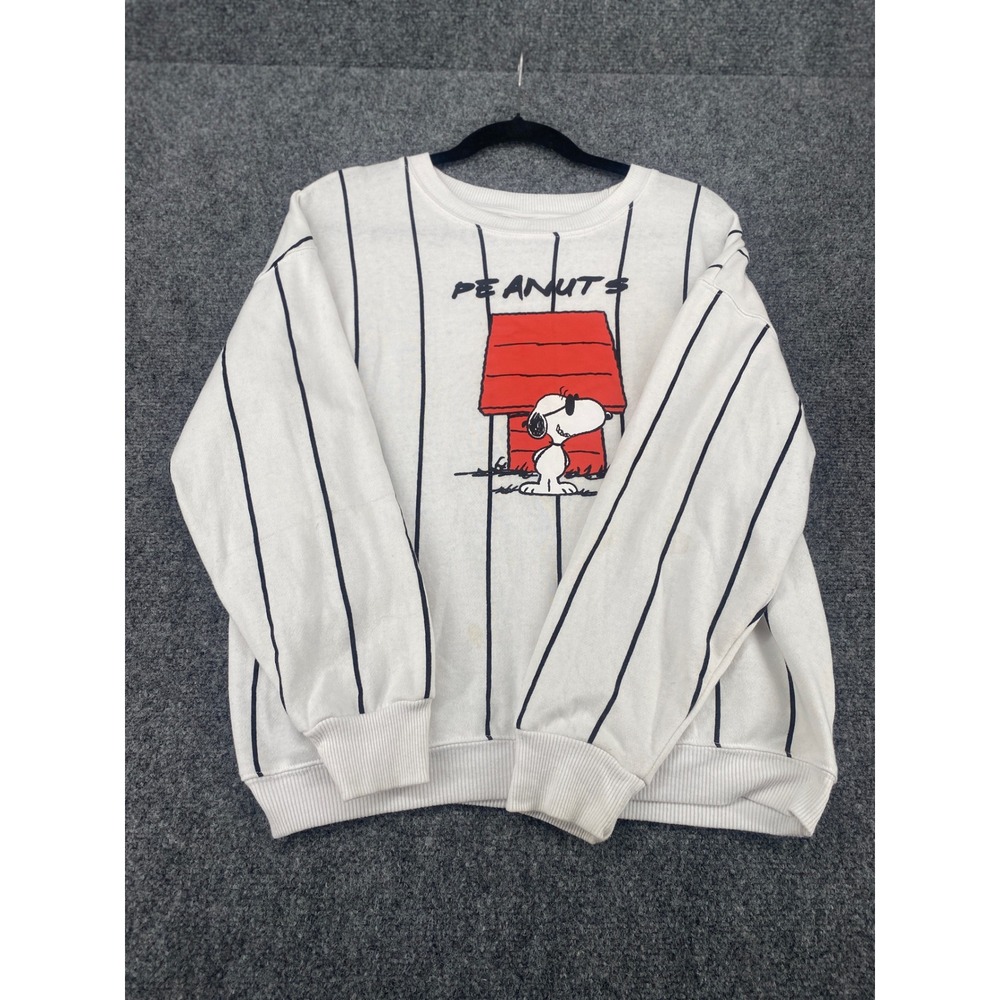 Peanuts Snoopy Graphic Sweatshirt Womens Medium White Pinstripe Pullover 2900